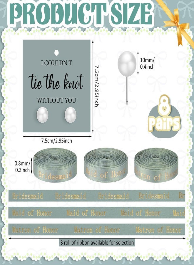 Highergo 8 Sets Bridesmaid Pearl Earrings Bridesmaid Proposal Gifts I Couldn't Tie the Knot Without You Jewelry Gifts Pearl Earrings for Wedding(Green) - Image 2